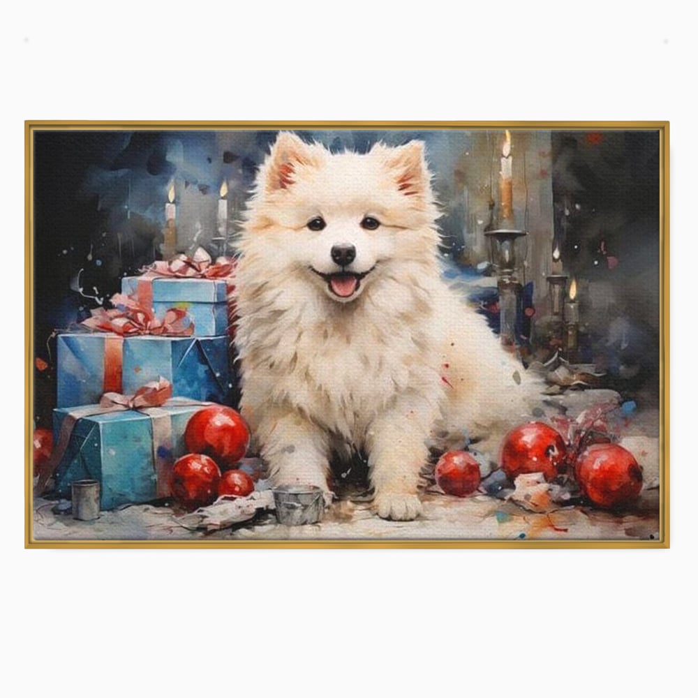 Tablou canvas cu tablou canvas cu catel samoyed, in rama de aluminiu auriu